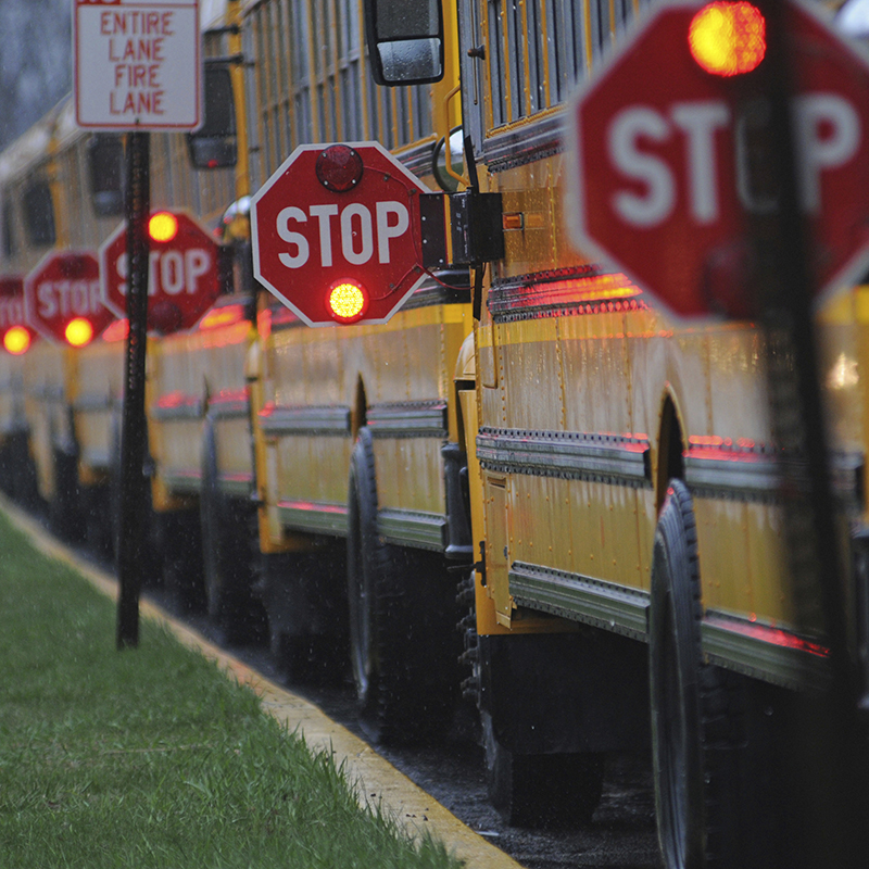 School buses with stop signs lit
